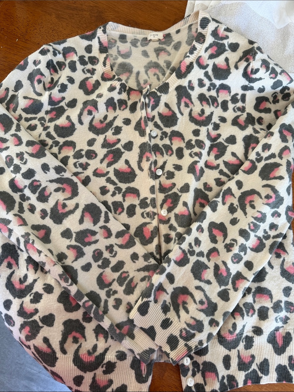 J. Crew Cream Leopard Print Cardigan with Black and Pink Accents
